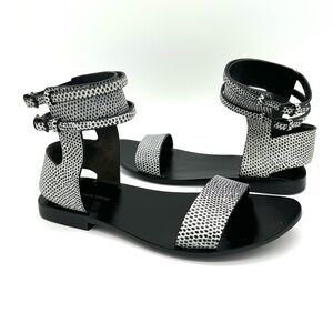Alexander Wang Alek Ankle Cuff Flat Sandal black white embossed leather